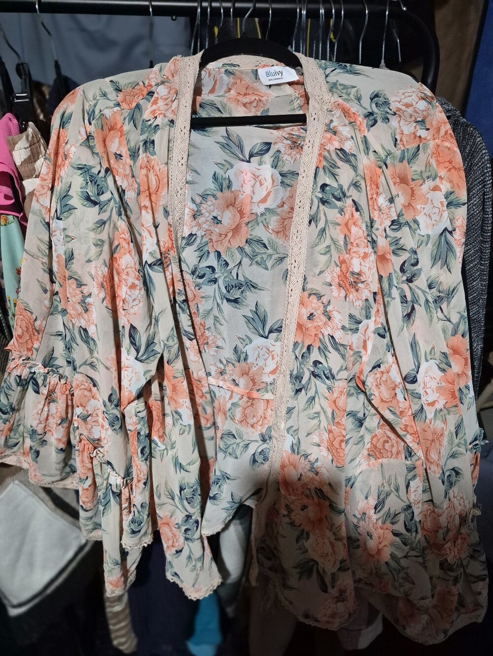 Bluivy Peach and Cream Floral Lace-Trim Kimono
